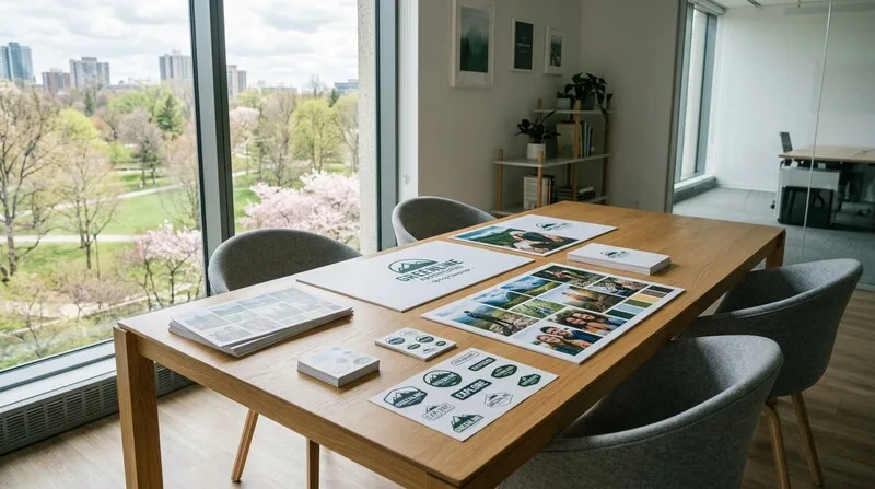 Brand identity design materials, print collateral and brand assets on conference table