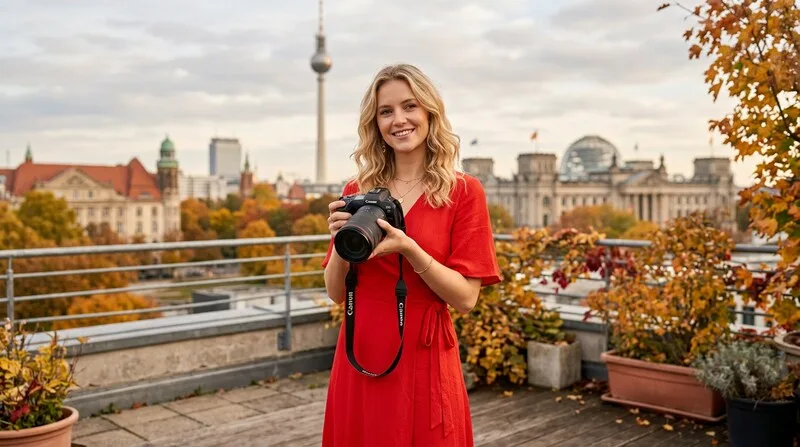 Professional fashion photo studio with camera, lighting setup and model production