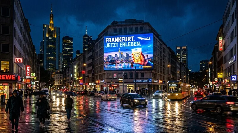 Frankfurt digital billboard with Lufthansa OOH ad at night cityscape citylight