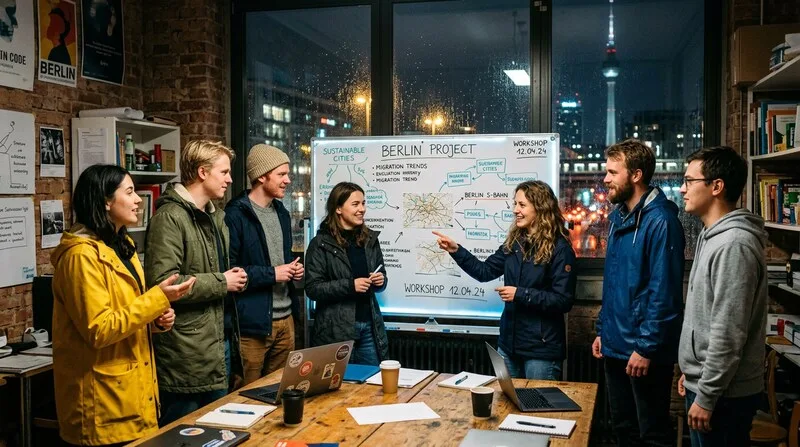 Brand strategy workshop with creative group at whiteboard developing brand identity and positioning