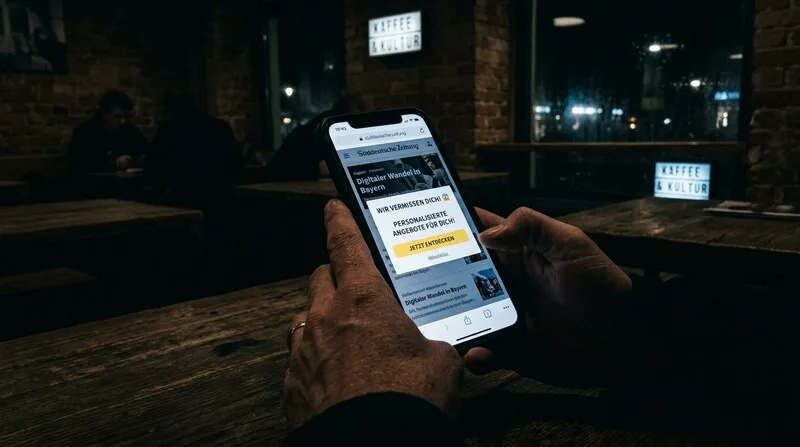 Personalized retargeting ad on smartphone in cafe next to coffee
