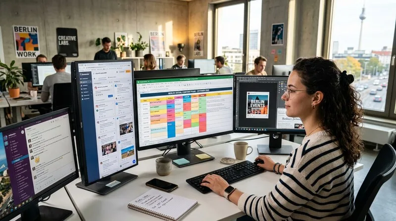 Social media manager tasks with screens content planning in office agency
