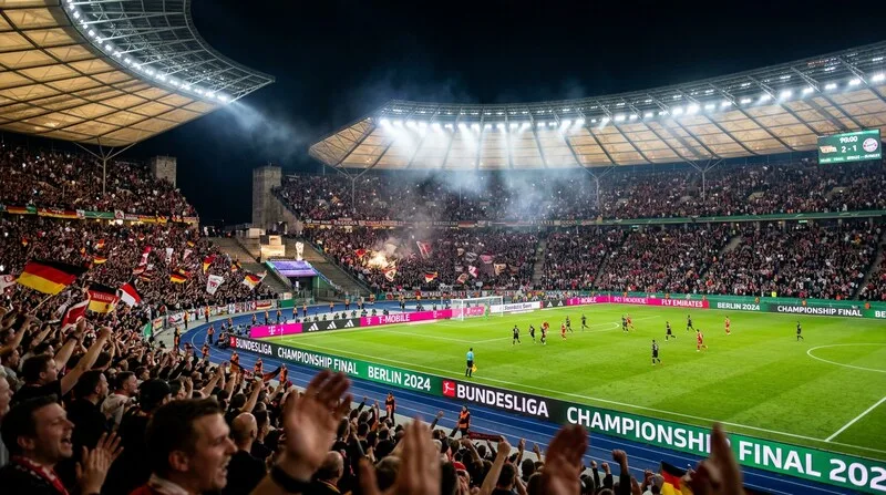 Stadium advertising boards with brand activation during live sports event with crowd and spotlight